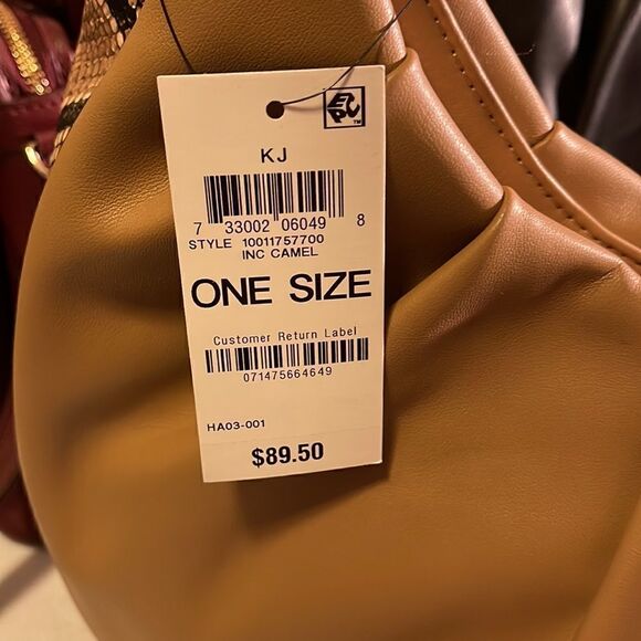 NWT INC Kj wedge faux-leather snake trim women's hobo shoulder bag CAMEL - Picture 7 of 7